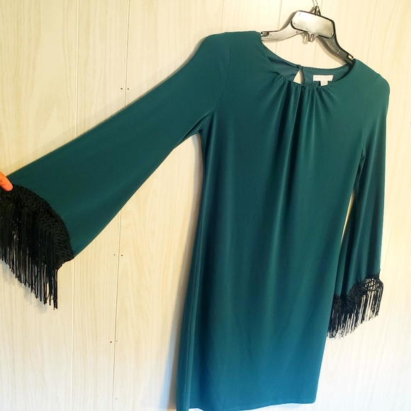 New York & Company Green Bell Sleeve Fringe Dress - Picture 5 of 8